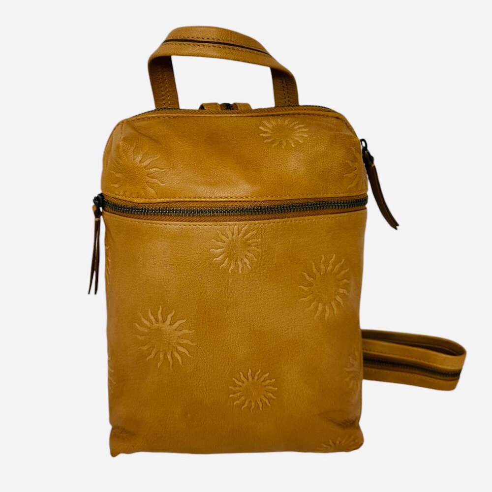 NWT Free People Break of Dawn 100% Leather Backpack Cognac Tan Tooled Sun - Picture 7 of 13